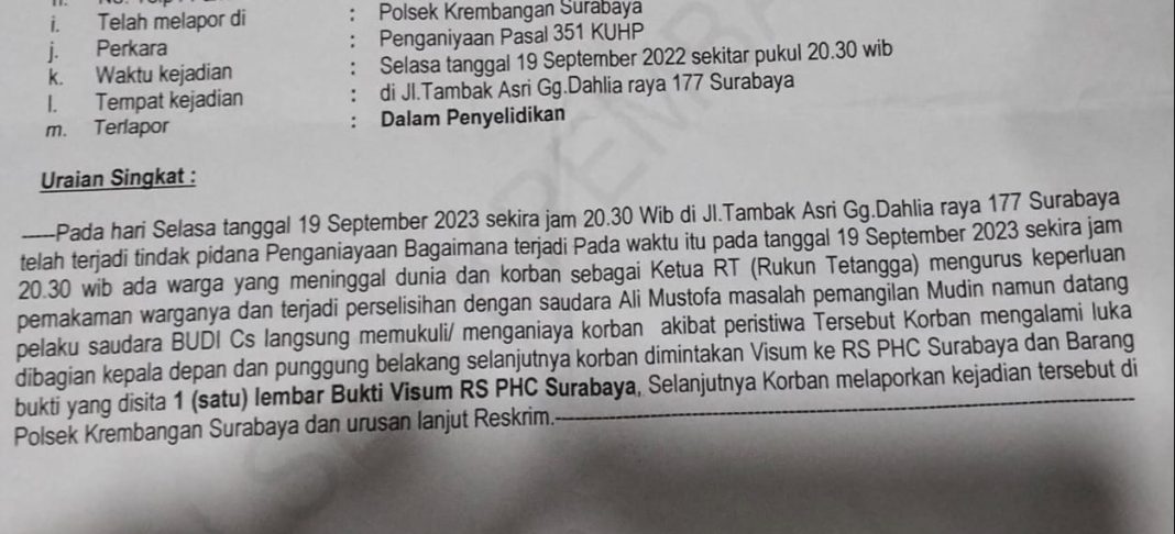 Kasus Pengeroyokan Ketua RT di Morokrembangan Surabaya Terasa Mandeg