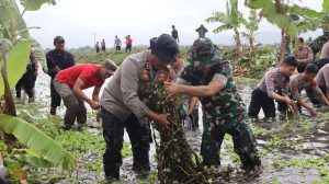 Tetap Bersinergi Kodim 0726/Sukoharjo dan Polres Karya Bakti Bersihkan Irigasi Desa Grajegan