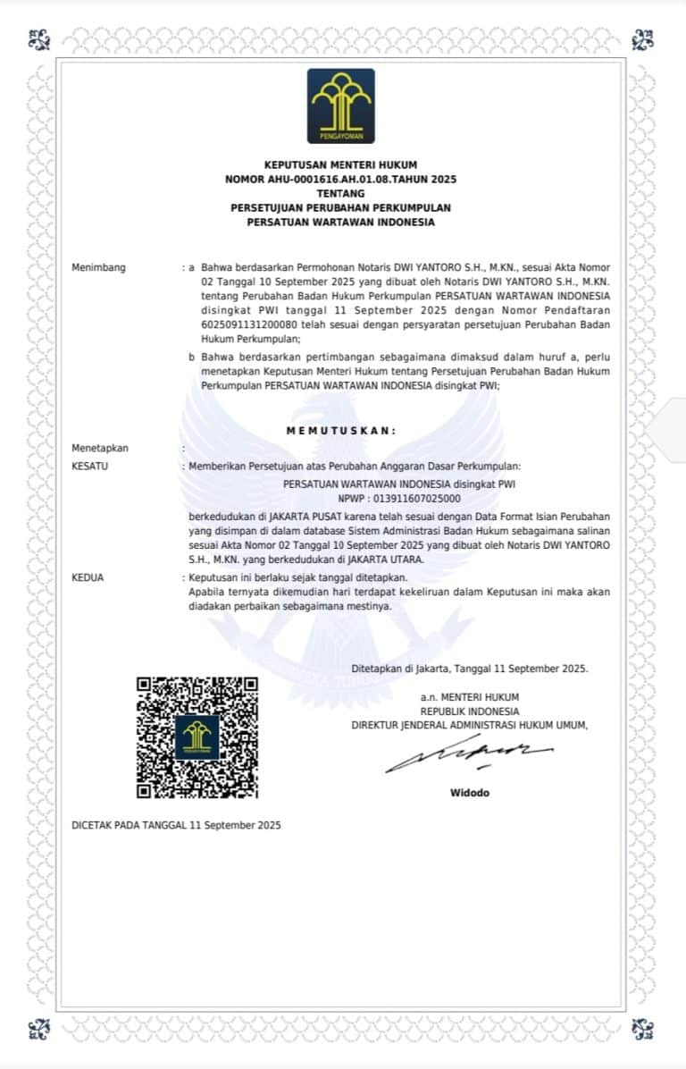 PWI Akses AHU sangat cepat dan mudah kini Resmi terdaftar kembali di kemenkum