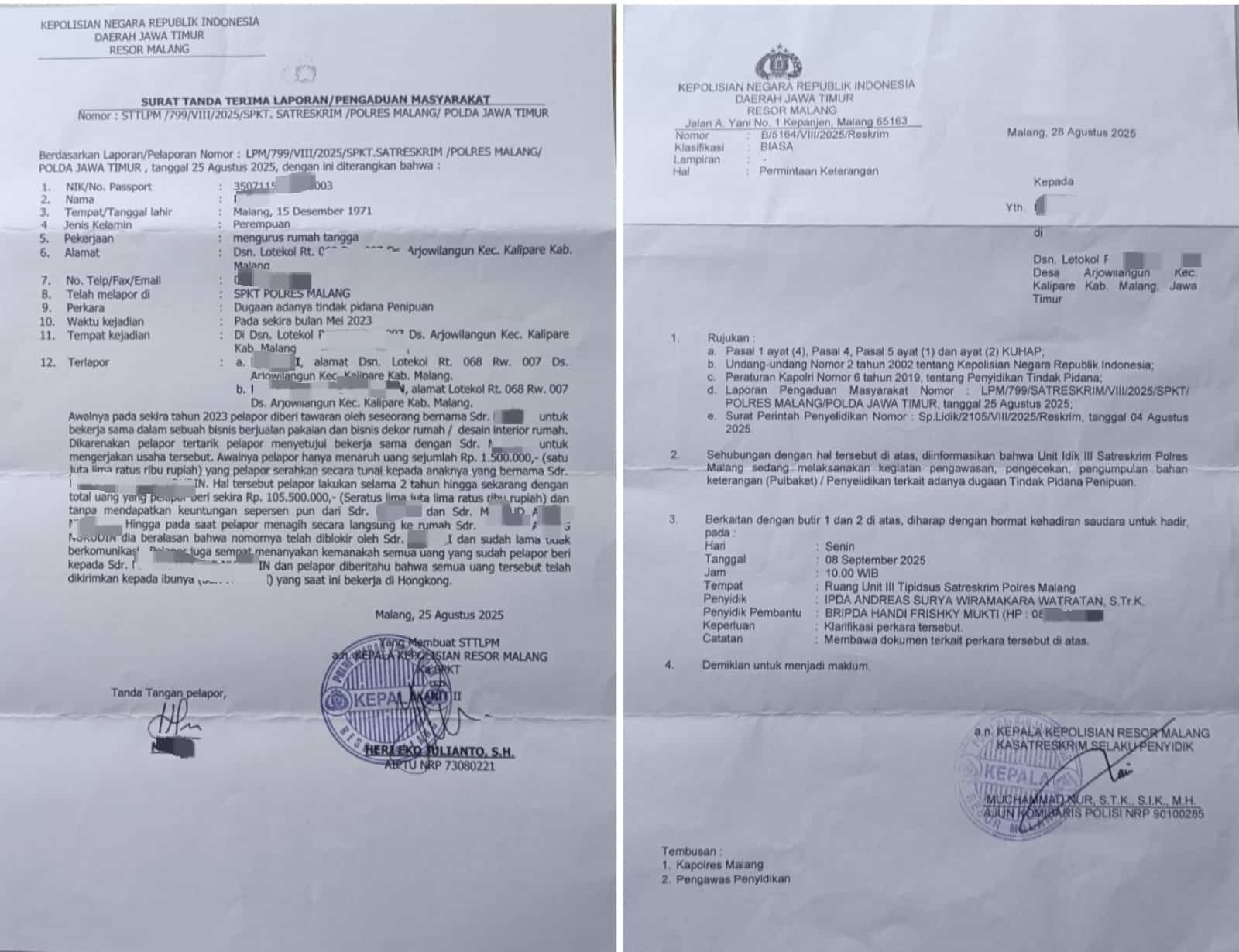 Pelapor Kasus Dugaan Penipuan di Polres Malang Pertanyakan Transparansi Penyidikan: “Masa Harus Bayar Dulu Baru Diproses?”