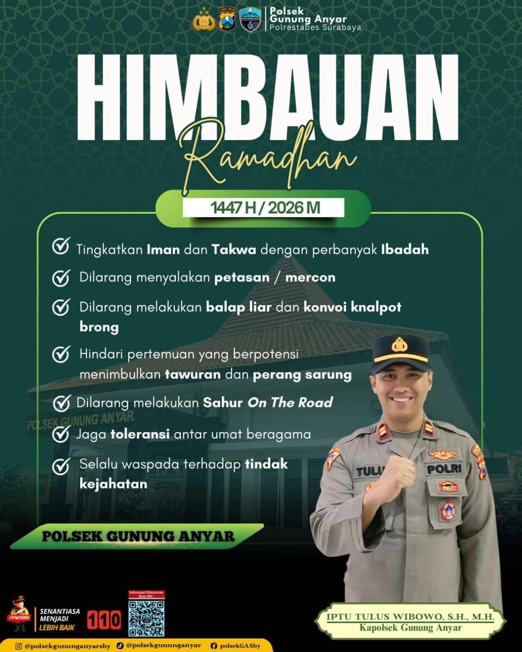 Kapolsek Gunung Anyar Keluarkan Himbauan Kamtibmas Ramadhan 1447 H, Warga Gunung Anyar Diminta Tertib dan Waspada