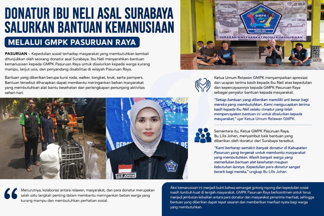 Donatur Ibu Neli Asal Surabaya Salurkan Bantuan Kemanusiaan Melalui GMPK Pasuruan Raya