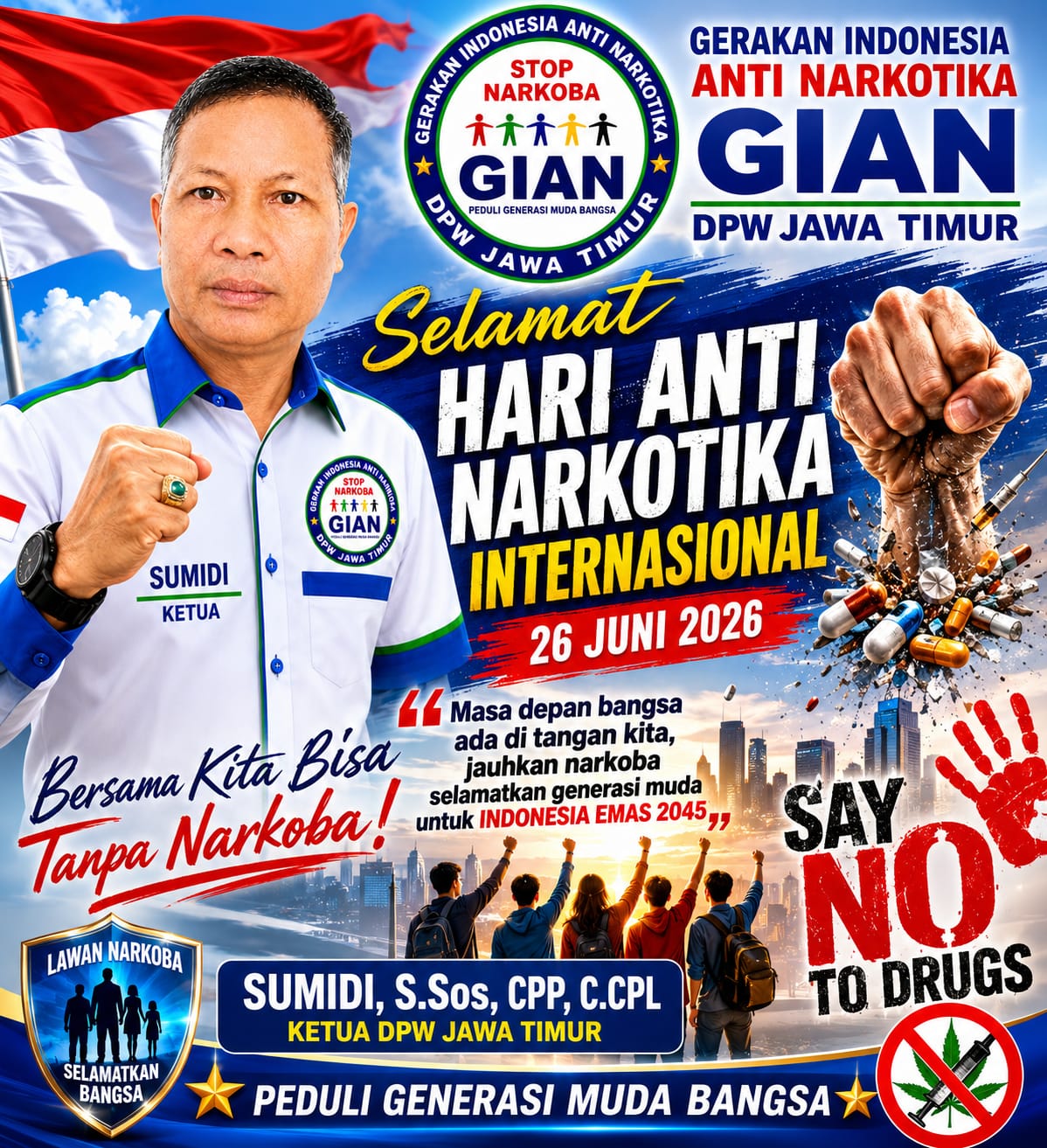 Dari Mojokerto untuk Indonesia: Ketua DPW GIAN Jawa Timur Sumidi Kobarkan Gerakan Bersama Melawan Narkoba demi Melindungi Generasi Emas 2045
