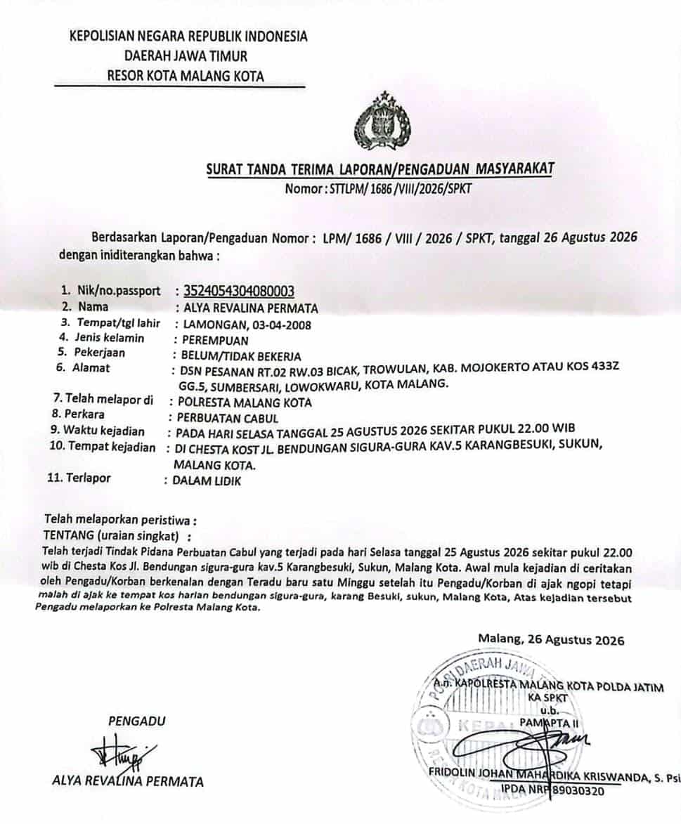 Ayup Rahman, Mahasiswa Universitas Negeri Malang Pelaku (Pemerkosaan) Tindak Pidana Kekerasan Seksual dilepas Unit PPA Satreskrim POLRESTA Malang