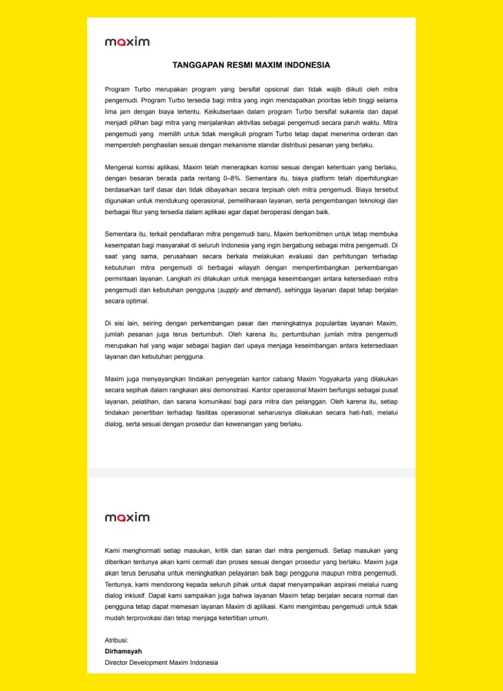 Pernyataan Resmi Maxim Indonesia melalui redaksi (dok @metropaginews)